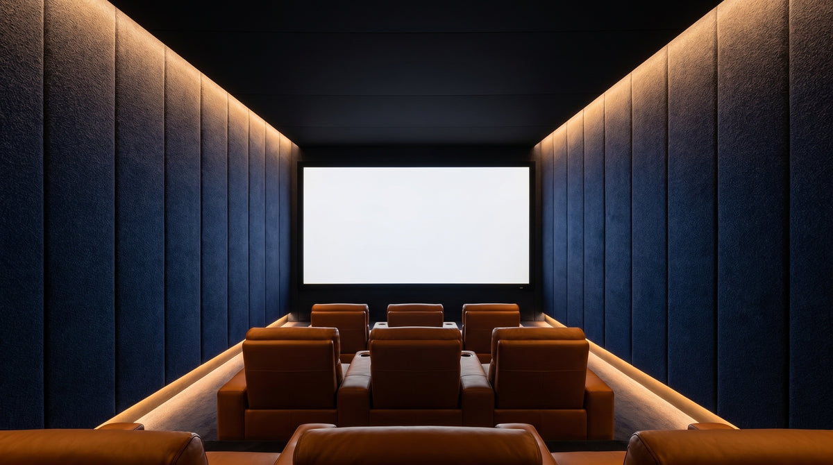 Private cinema room with a large screen and theater-style seating.