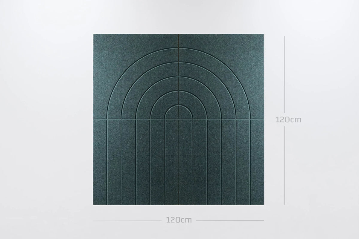 A square dark teal textured wall panel with a raised concentric arch pattern, shown on a light gray background with dimension markers indicating 120cm by 120cm.