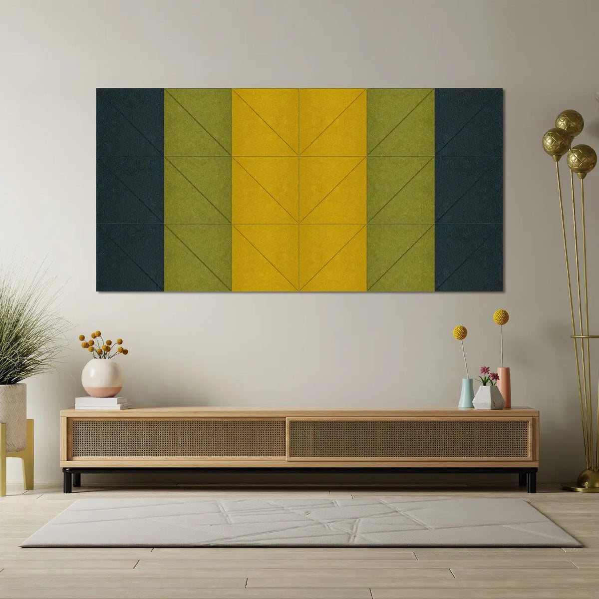 Banana Leaf Acoustic Wall Panels combination of yellow, green, and navy colors