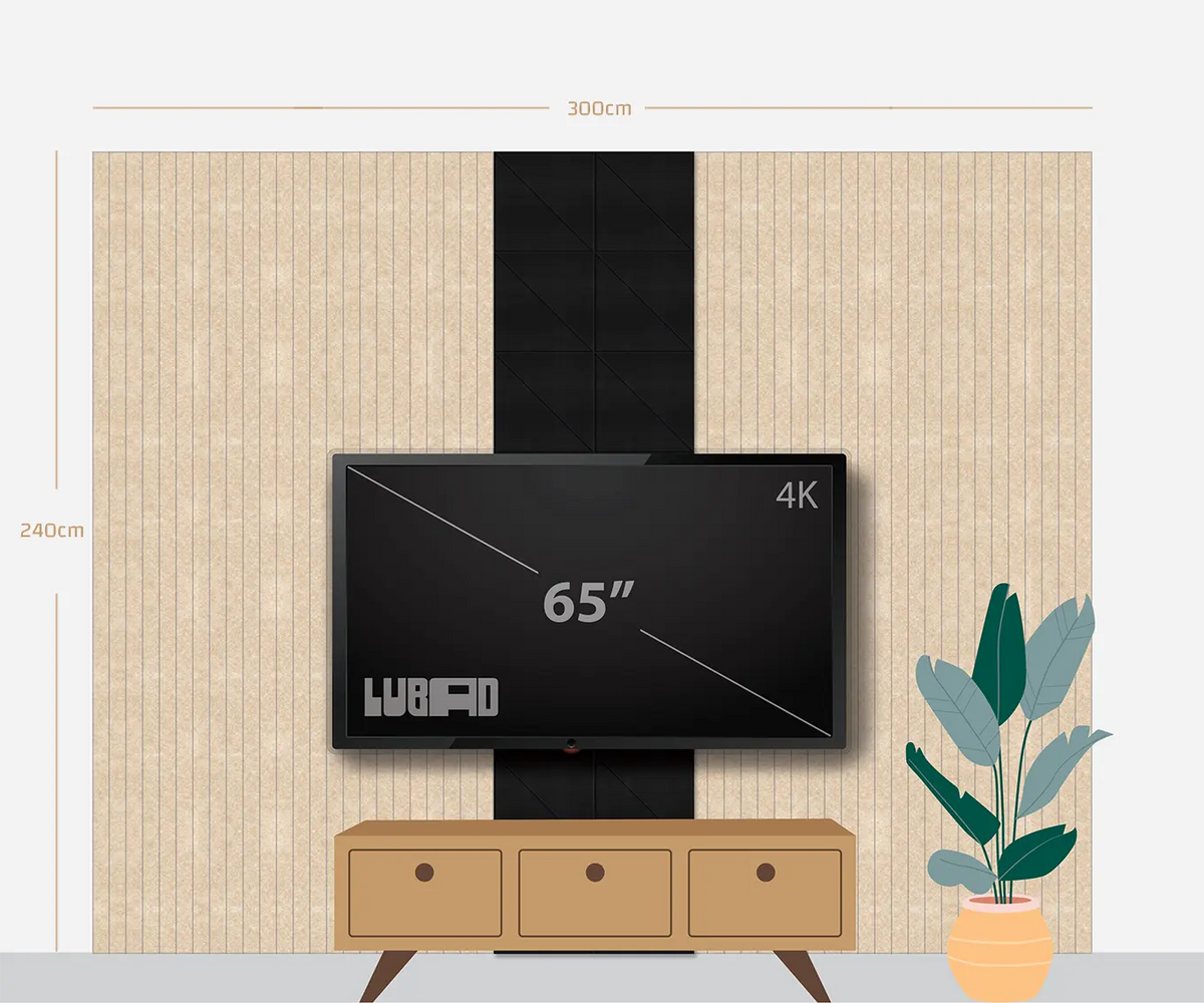 A staged interior scene showing a wall-mounted TV setup with dimension labels: a 65-inch wall-mounted screen centered on a beige textured wall with a black vertical stripe, above a tan media console, and a potted plant to the right. The TV screen displays the brand name LUBAD and the size 4K.