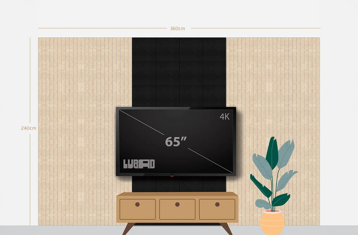 A digital mockup showing a wall-mounted TV setup with dimension annotations: 360cm width, 2400mm height, and a 65-inch screen. The TV is black with 'LUGIAD' and '4K' text on the screen, mounted on a textured beige wall above a wooden console, with a potted plant to the right.
