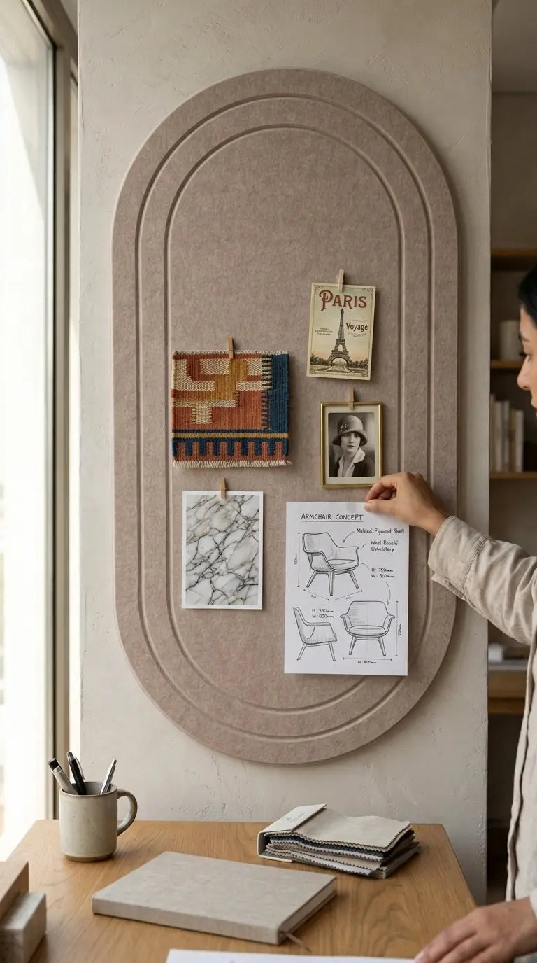 A large oval wall-mounted bulletin board with a textured taupe fabric surface, styled in a modern interior. A person's hand is visible on the right adjusting a pinned paper.