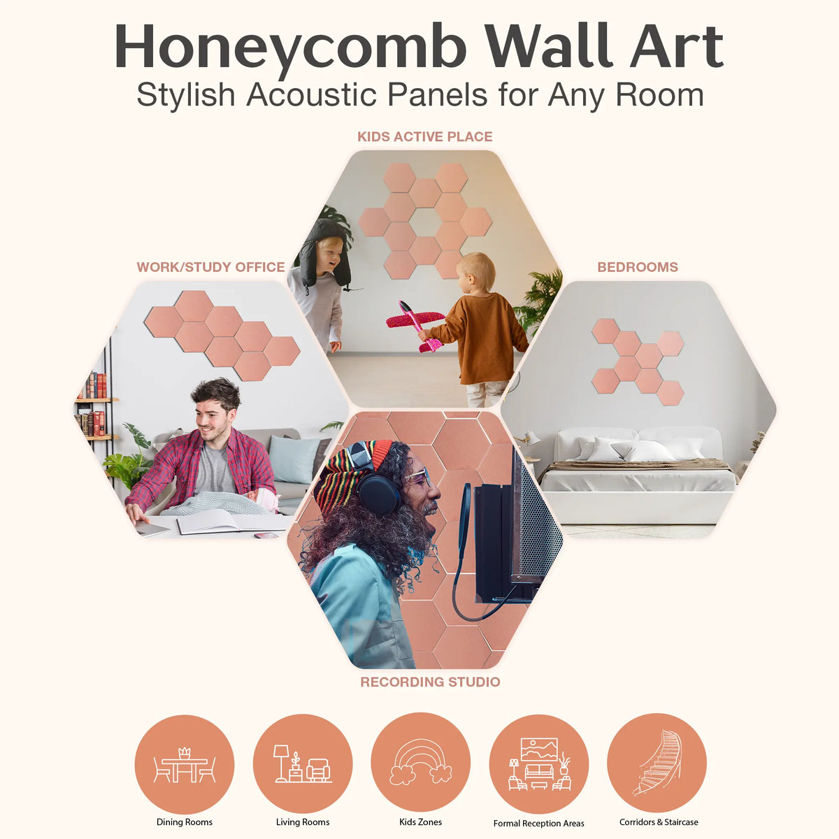 Honeycomb wall art acoustic panels shown in a promotional infographic with labeled use cases: kids active place, work/study office, bedrooms, recording studio, dining rooms, living rooms, kids zones, formal reception areas, and gym/tennis courts. The panels are peach-pink hexagonal tiles displayed on walls in room photos, with the main heading 'Honeycomb Wall Art' and subtitle 'Stylish Acoustic Panels for Any Room' at the top.