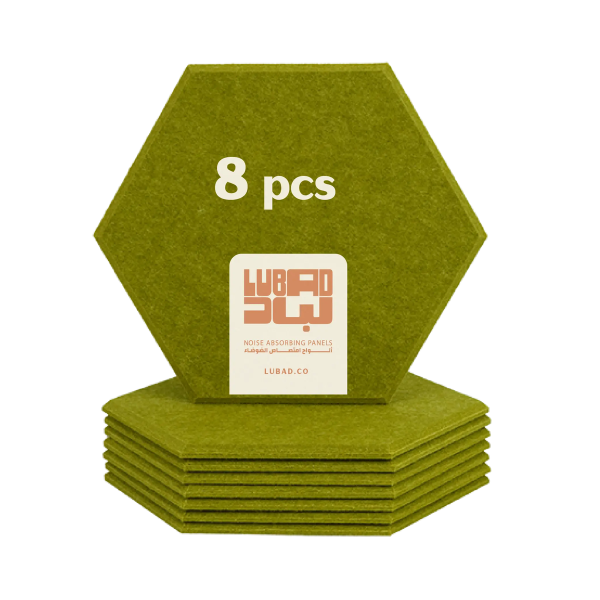A stack of eight green hexagonal acoustic foam panels, with one panel standing upright to display the white text '8 pcs' and a central Lubad Studio brand label.