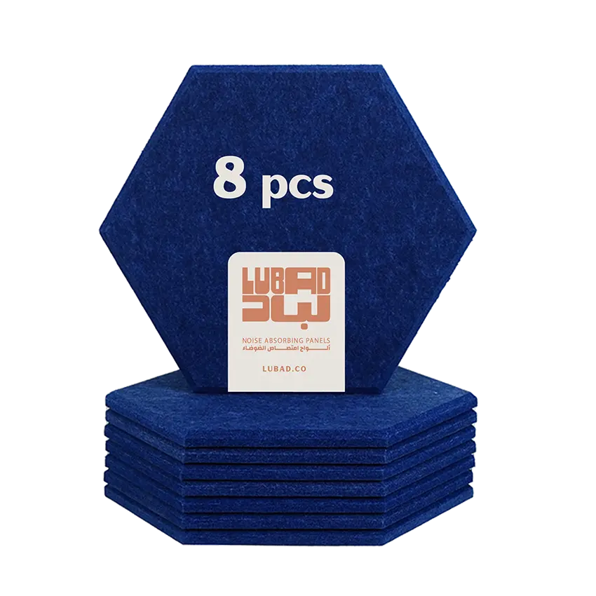 Eight ocean hexagonal felt noise absorbing panels stacked on a white background, with one panel standing upright and displaying '8 pcs' and a Lubad 3W brand label.