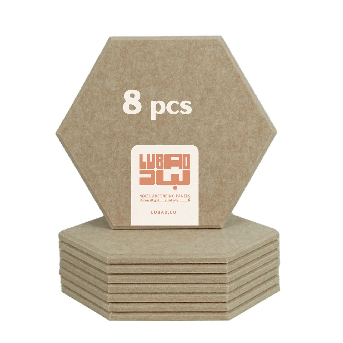A stack of eight hexagonal cork acoustic foam panels, with one panel standing upright to display the front. The panel features a white label with the orange and black 'LUBAD 3W' brand logo and the text 'NOISE ABSORBING PANELS' and 'LUBAD.