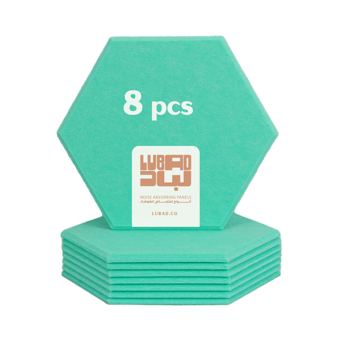 A stack of eight Turquoise-colored hexagonal noise-absorbing panels, with one panel standing upright in the center showing the white text '8 pcs' and a white brand label for 'LUBAD 3W'.