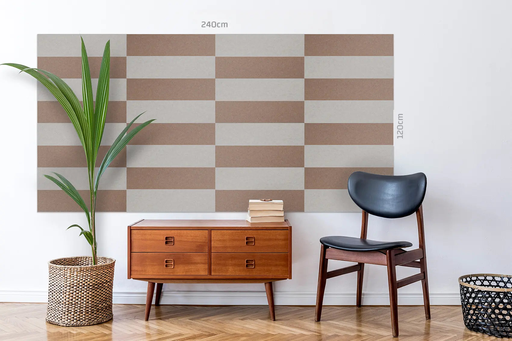 A large wall mural or wallpaper panel with a brown and beige checkerboard pattern is shown in a styled room setting. The image includes dimension markers indicating 240cm in width and 1200mm in height.