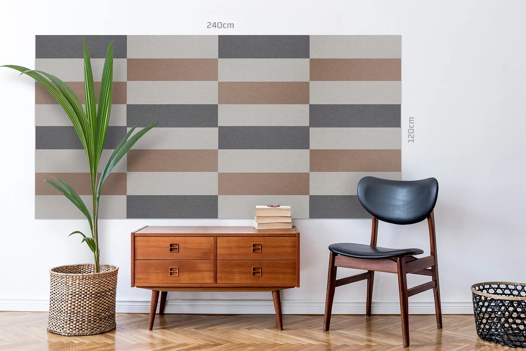 A large wall mural or wallpaper featuring a retro checkerboard pattern in beige, brown, gray, and off-white, shown in a styled room setting with a mid-century wooden cabinet, a black chair, and a potted plant. Dimension labels '240cm' and '1200mm' are visible on the mural.