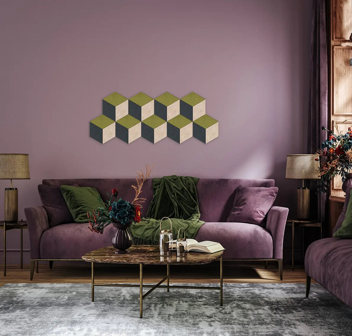 A styled living room featuring a purple velvet sofa with green throw pillows and a green blanket, set against a lavender-purple wall with a geometric 3D cube wall art piece. A marble-top coffee table and a gray rug are in the foreground.