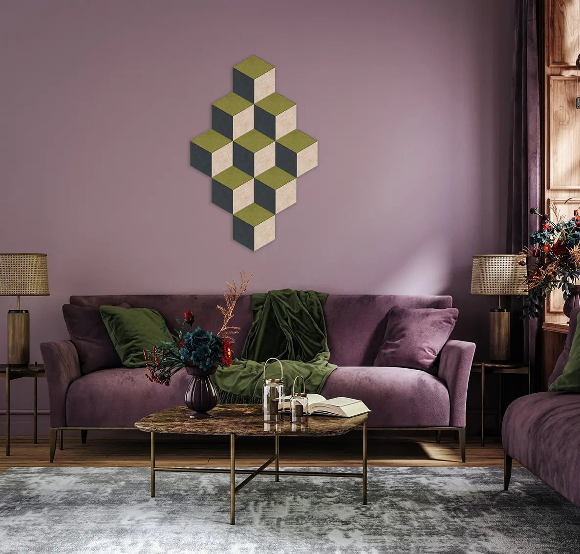 A styled living room featuring a purple velvet sofa with green throw pillows and a green blanket, set against a lavender-purple wall with a geometric 3D cube wall art piece. A marble-top coffee table and a gray rug are in the foreground.