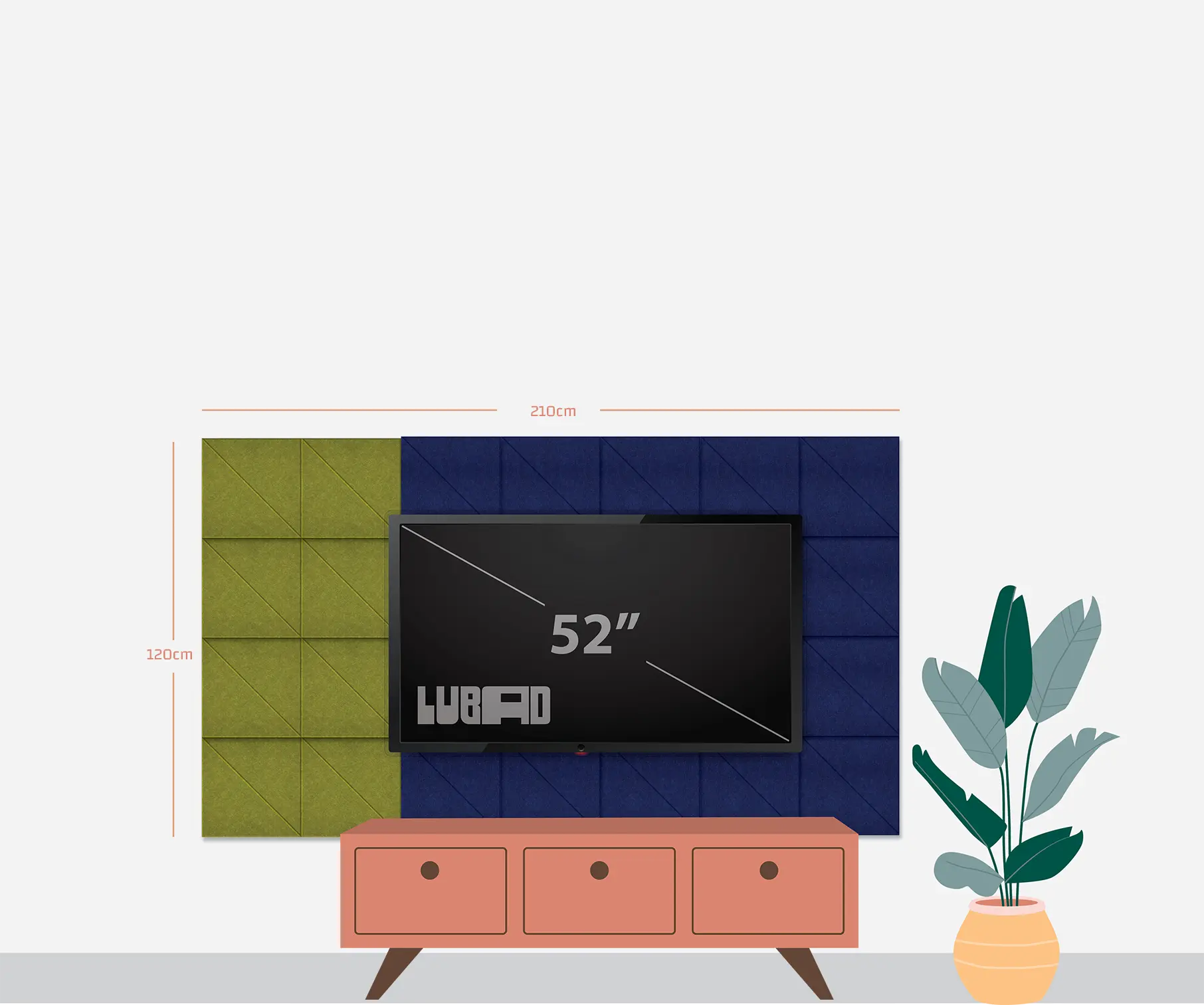 A styled interior mockup showing a wall-mounted flat-screen TV with dimension annotations: the wall panel area is marked 2120 cm wide and 1200 cm high, and the TV screen itself is labeled 52 inches. The TV sits above a coral-pink three-drawer console, with a green textured wall section on the left and a dark navy textured wall section on the right.