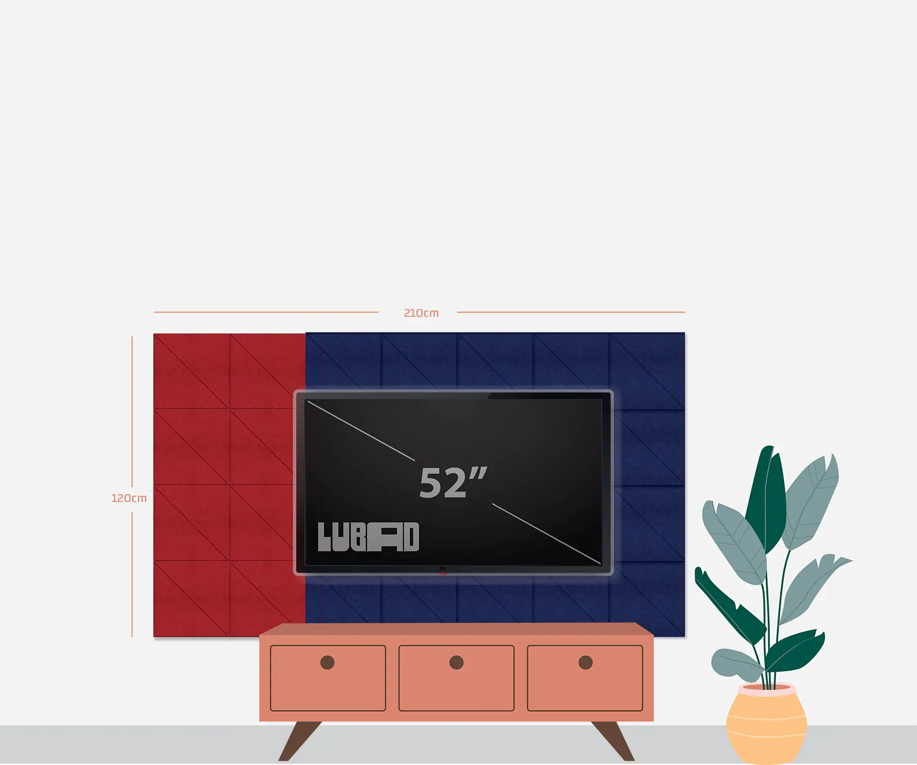 A 52-inch wall-mounted TV mockup with dimension annotations showing 2120 cm width and 1200 cm height, set against a red and navy textured wall above a peach TV stand, with a potted plant to the right.