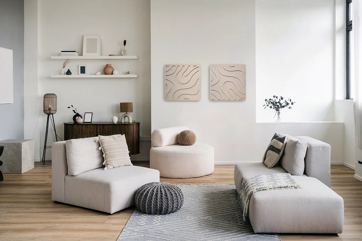 Two square acoustic art panels with undulating curves, in a beige color, displayed against a neutral background with a dimension label of 60cm x 60cm.