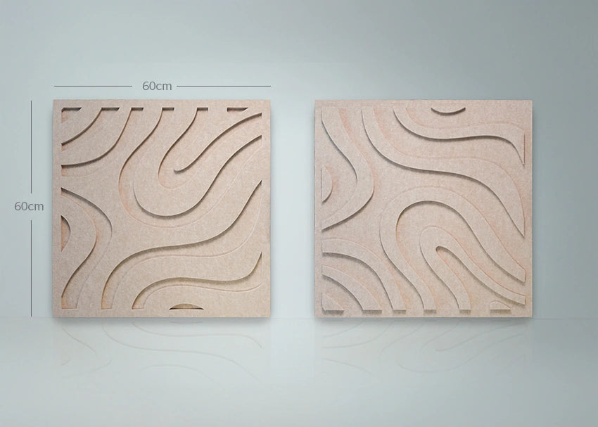 Two square acoustic art panels with undulating curves, in a beige color, displayed against a neutral background with a dimension label of 60cm x 60cm.