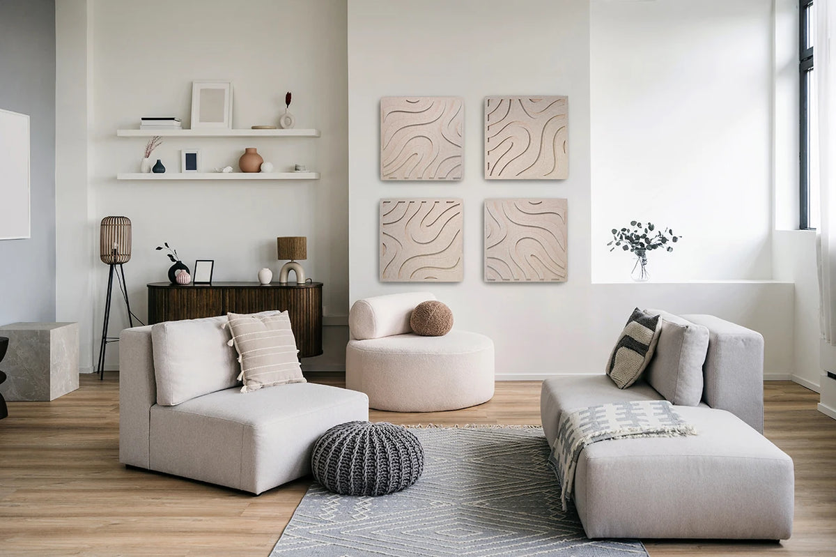 Four square acoustic art panels with undulating curves, in a beige color, displayed against a neutral background with a dimension label of 60cm x 60cm.