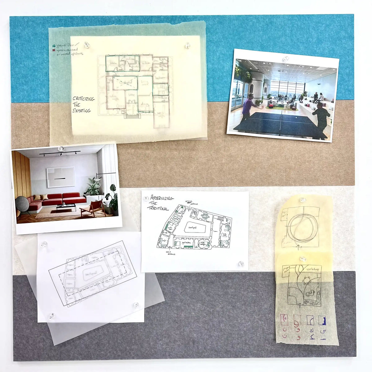 A collage-style board or poster showing architectural and interior design notes, including floor plans, sketches, a room photo with a red sofa, and a larger interior space photo, arranged on blue, tan, and grey colour-blocked sections.