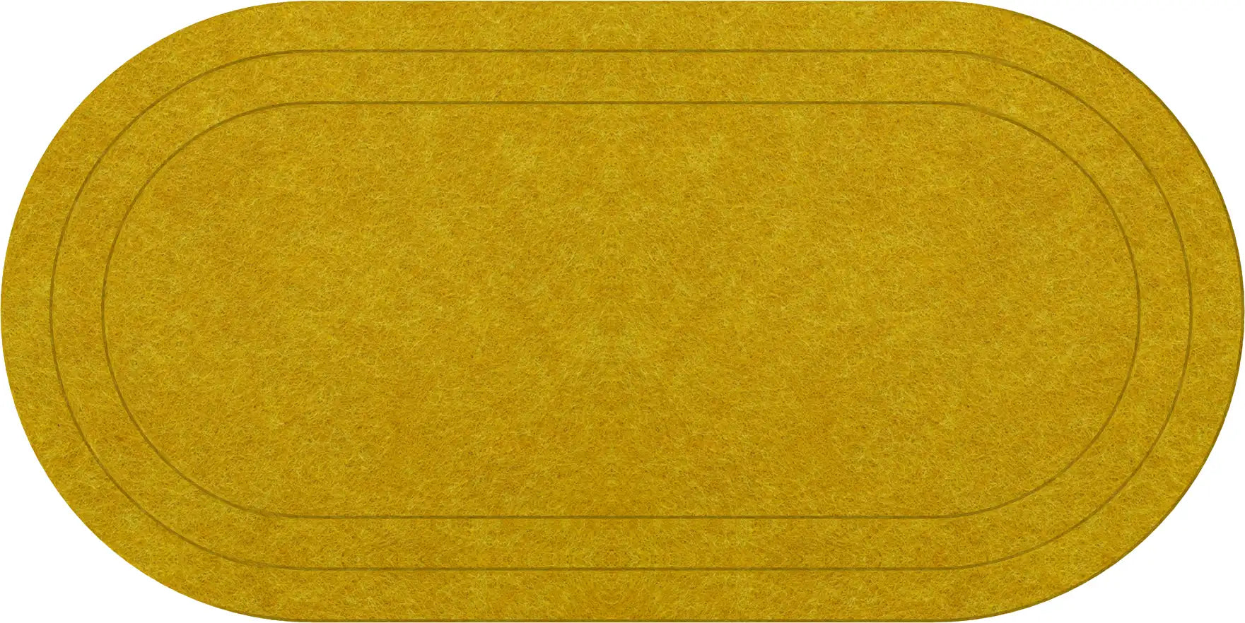 An oval area rug in a textured gold colour, featuring a subtle, darker-yellow, track-like oval border design.