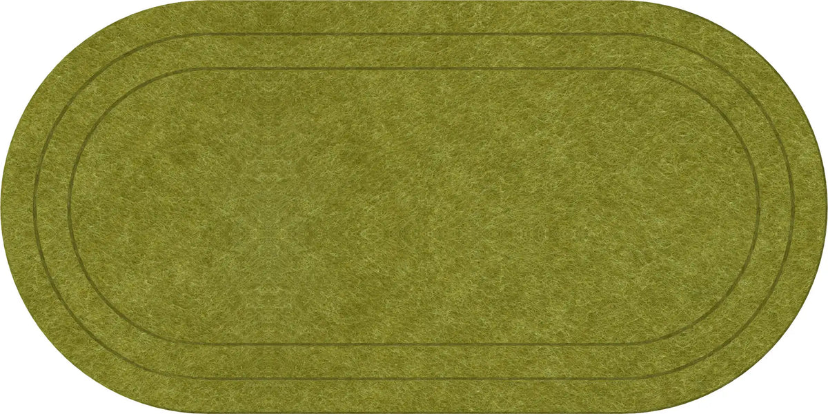 An oval area rug with a textured olive green surface and darker olive green concentric border lines, shown flat against a white background.