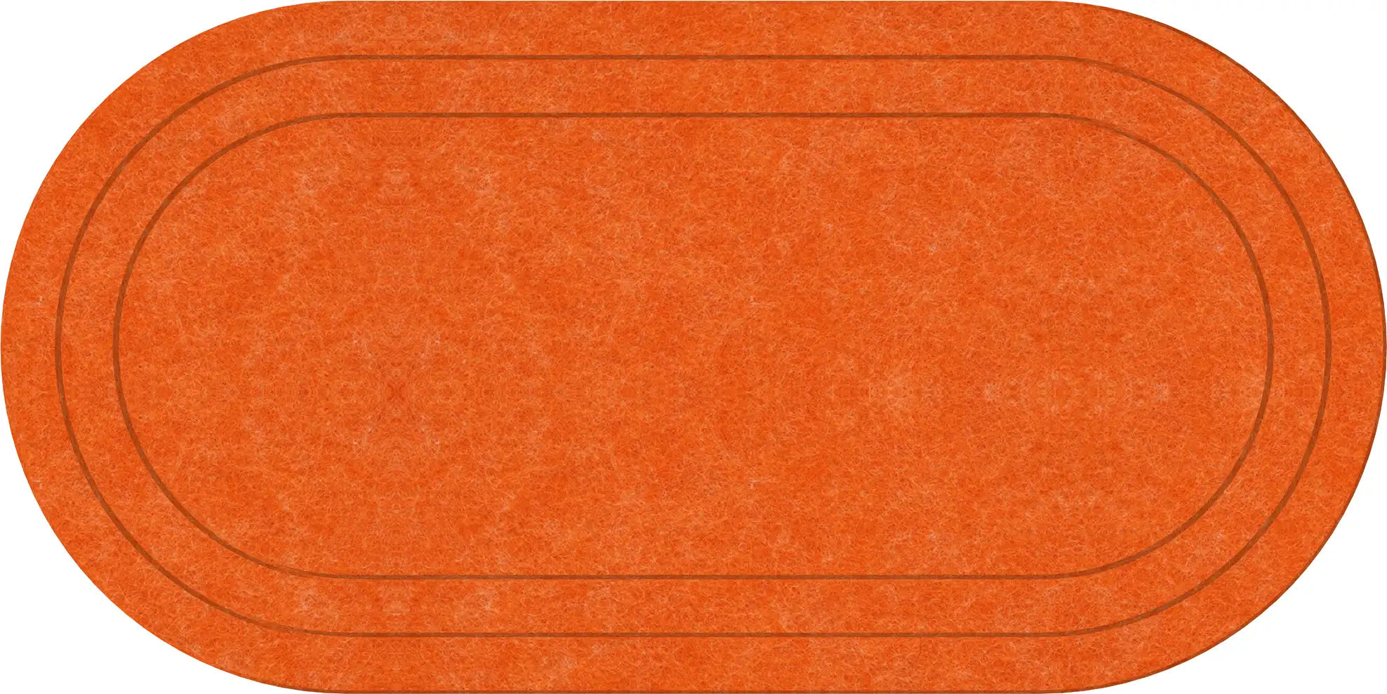An oval-shaped orange rug with a textured surface and two concentric dark brown track lines, shown on a plain white background.