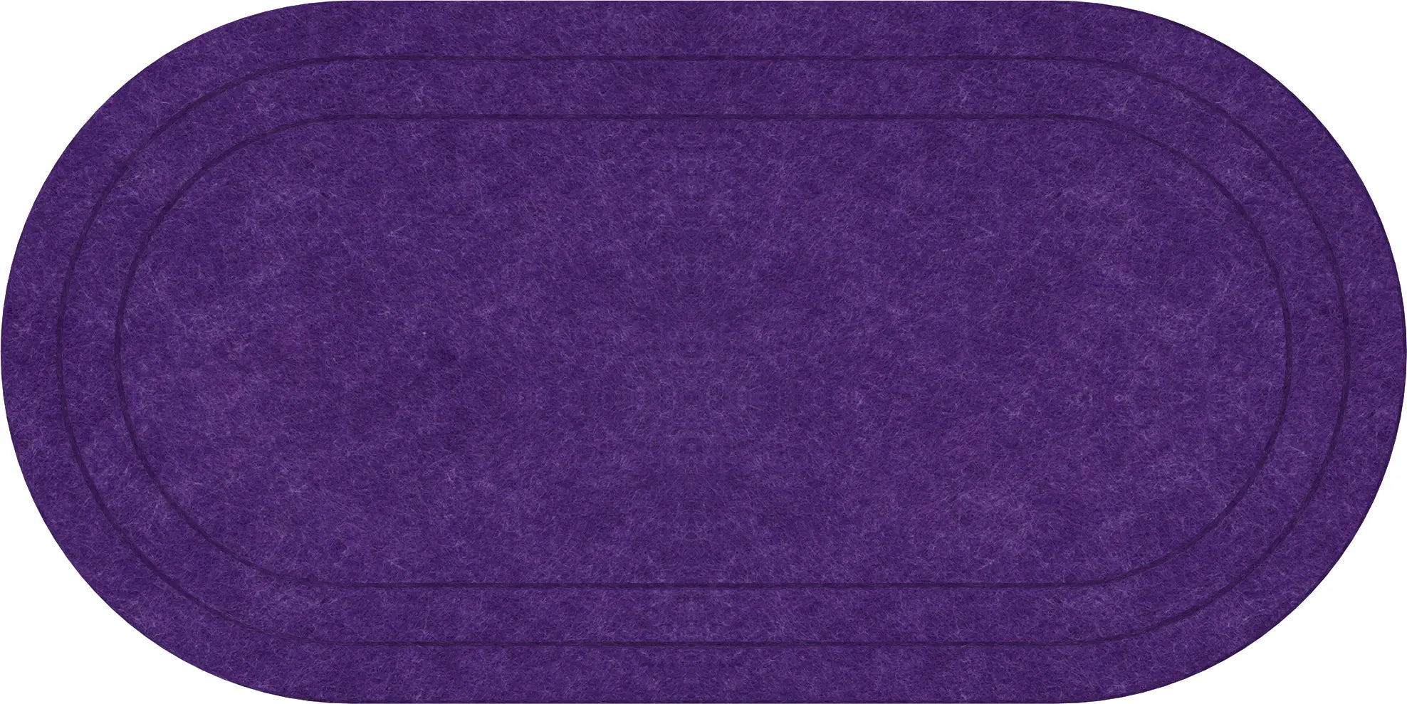 An oval-shaped purple rug with a textured felt-like surface and double stitched border lines, shown against a plain white background.