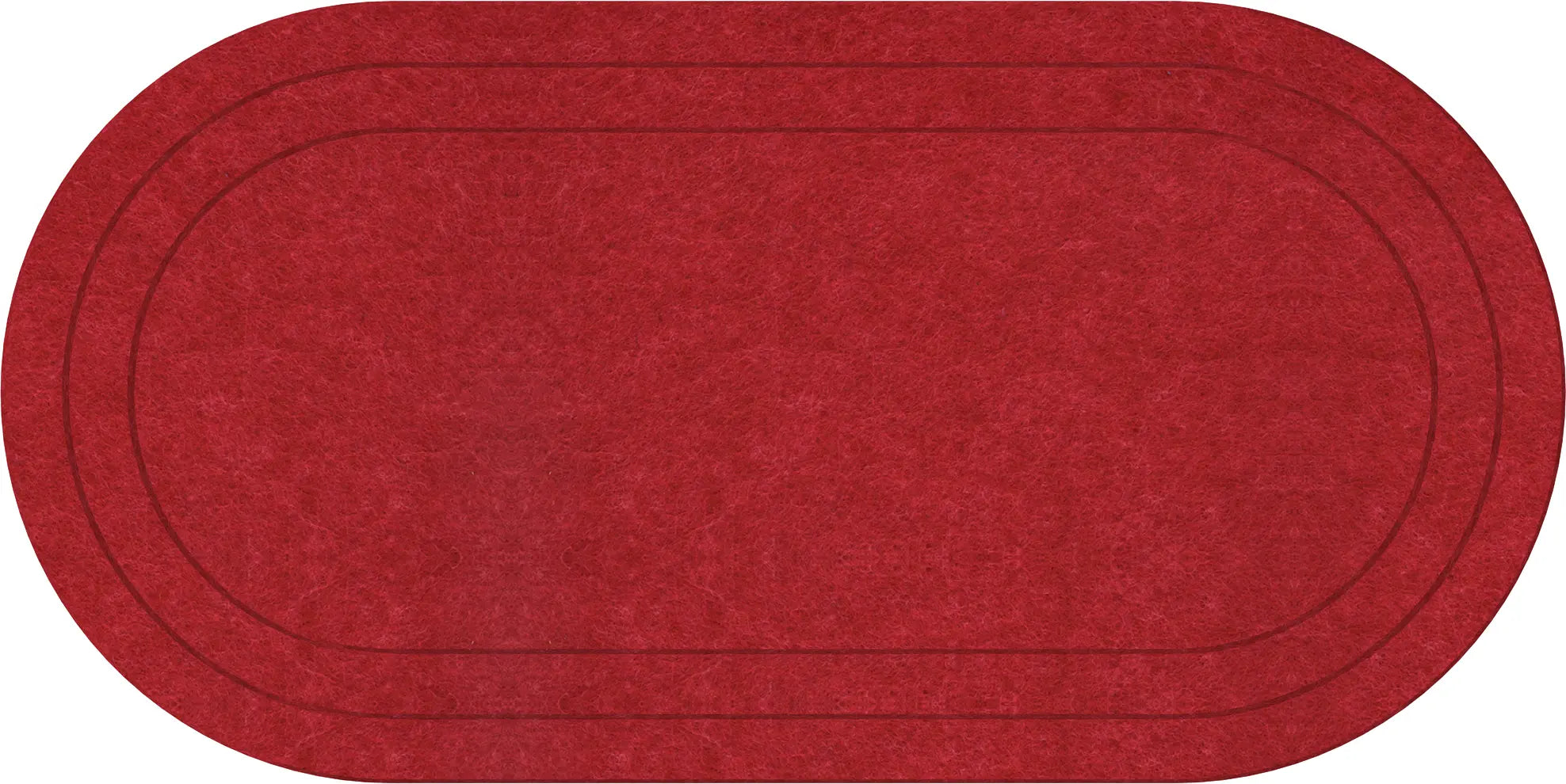 An oval-shaped red rug with a textured surface and double dark brown concentric border lines, shown against a plain white background.