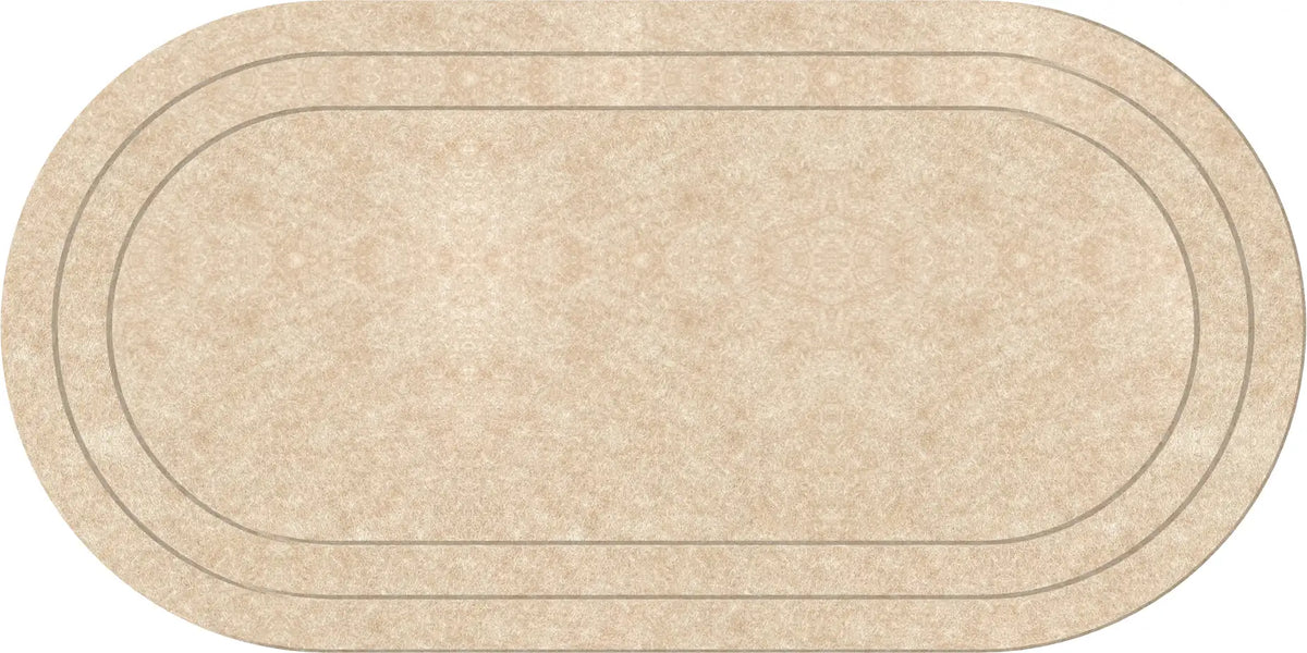 An oval area rug with a textured beige and cream damask pattern, featuring two concentric dark gray border lines.