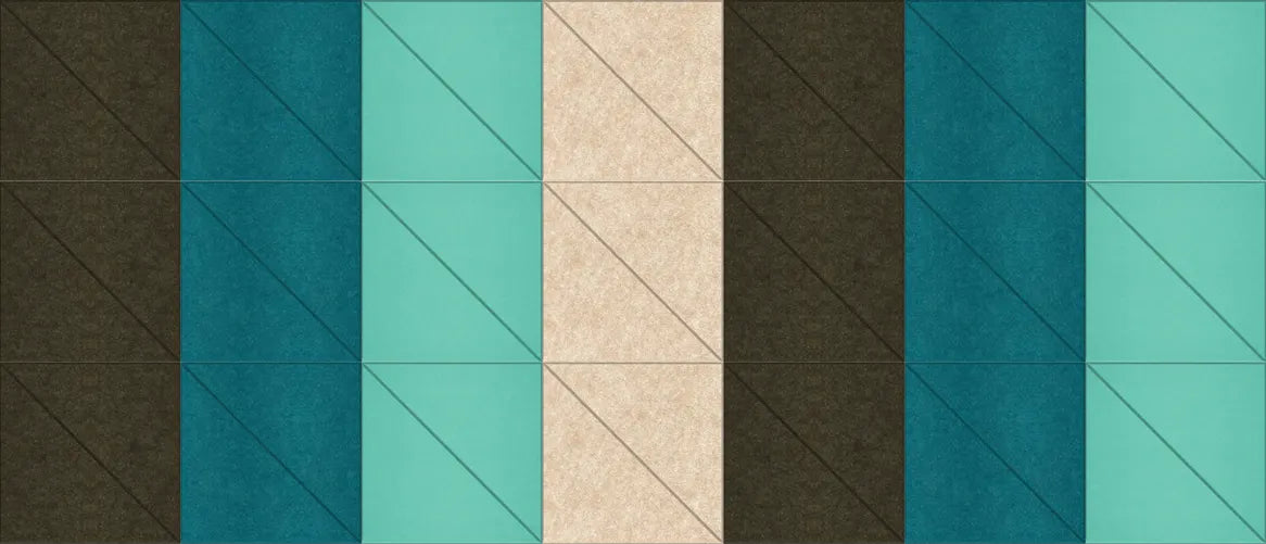 A set of modern wall panels featuring geometric patterns with shades of blue, beige, coffee, and teal, displayed on a wall above a blue couch and a wooden coffee table in a living room setting.