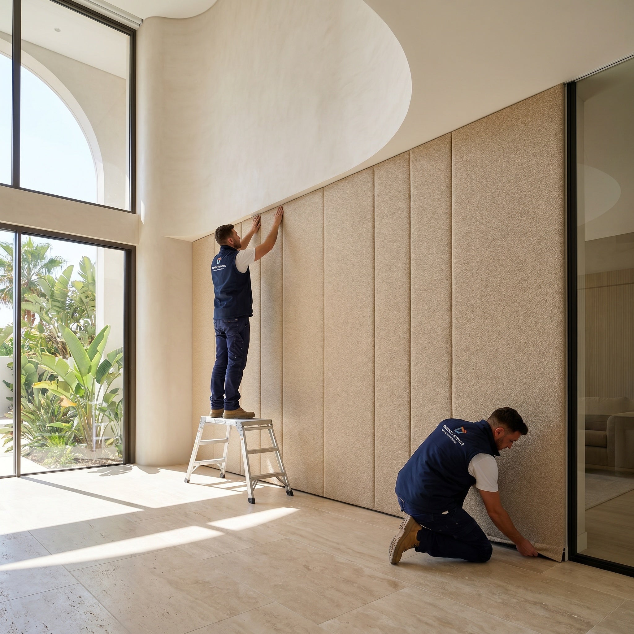 Two workers installing beige wall panels in a modern room with large windows.