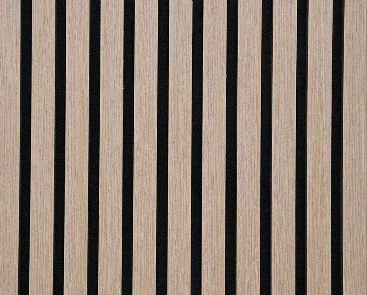 Vertical wood slats in a White oak wood finish alternating with solid black stripes, shown as a flat texture pattern.