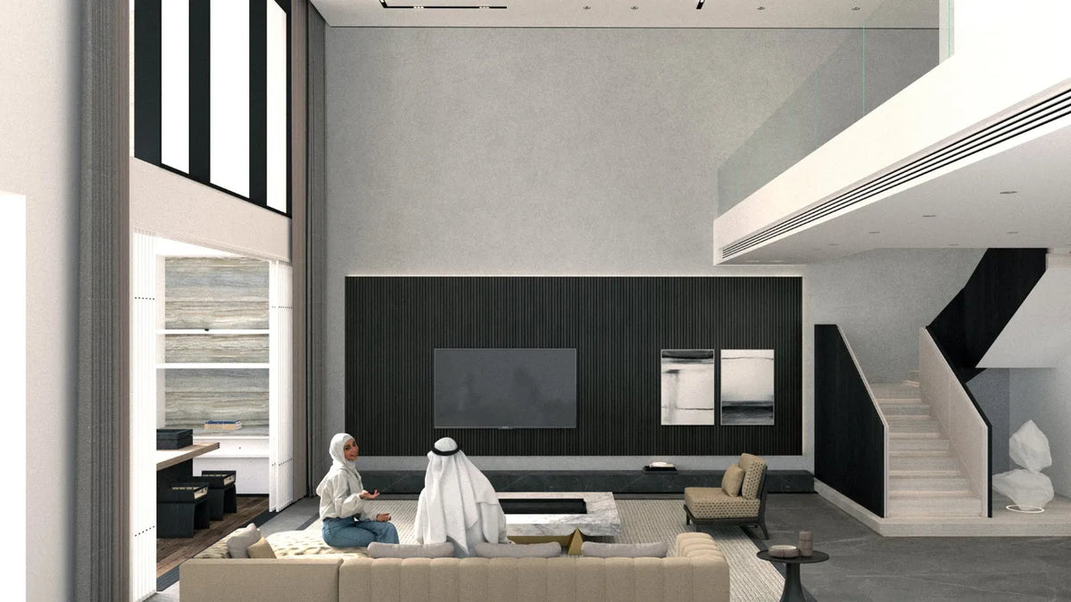 A modern interior design rendering of a high-ceilinged living room with a large black wall-mounted TV and built-in appliances, a staircase on the right, and two people seated on a beige sofa in the foreground.