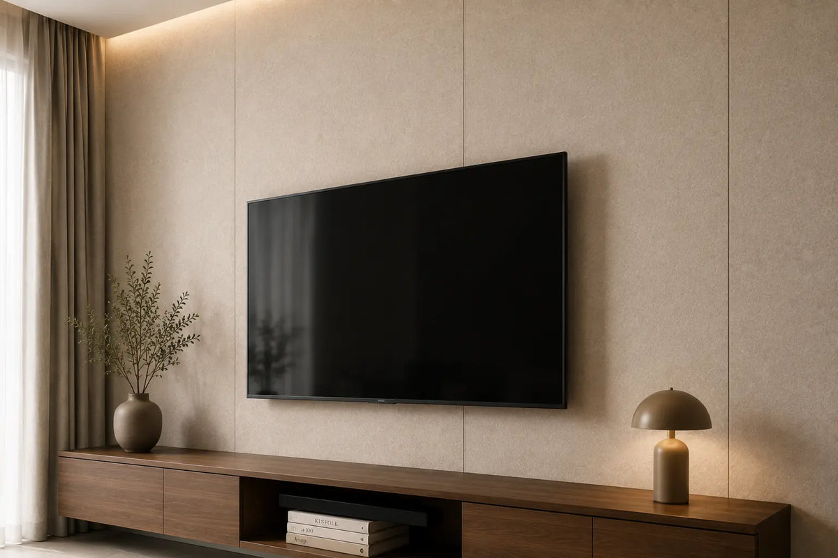 A modern minimalist living room scene featuring a large black flat-screen TV mounted on a textured Tan wall above a dark wood media console. A matching beige dome lamp sits on the right side of the console, and a potted plant is on the left.
