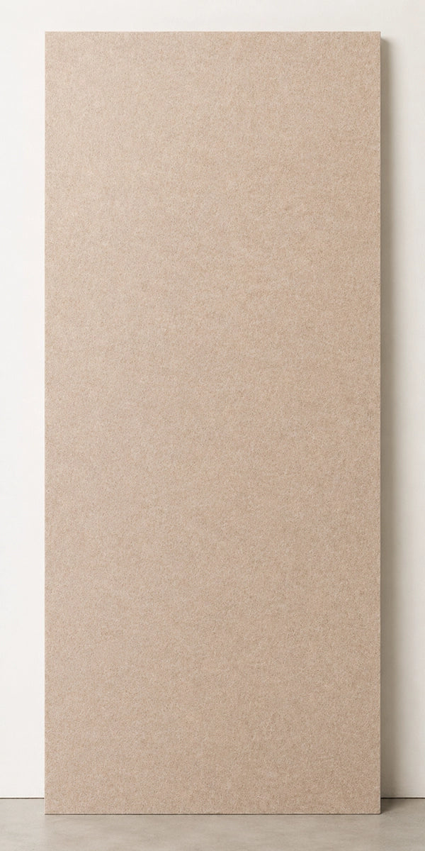 A large, solid rectangular panel in a Tan color, standing vertically against a plain off-white wall.