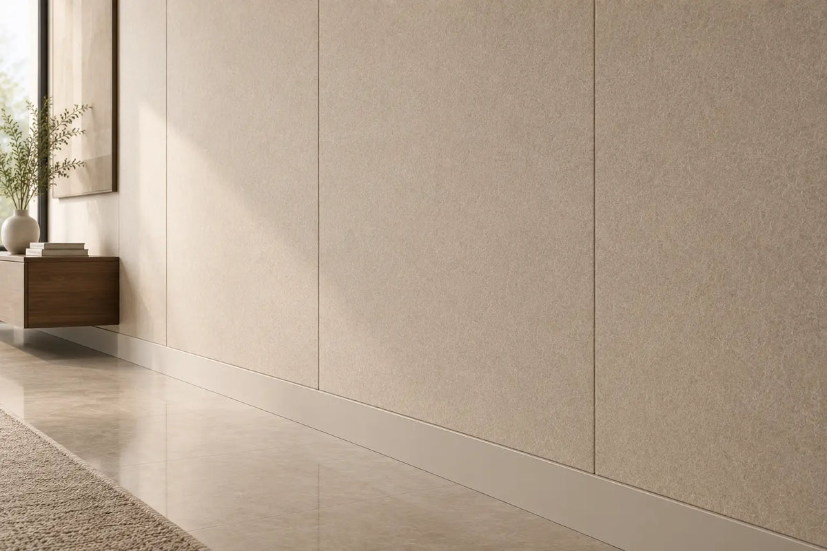 Tan textured wall panels installed in a modern interior hallway with a light wood floating sideboard, a vase with dried branches, and a neutral rug.