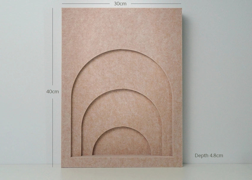 A rectangular beige wall art panel with three nested arch cutouts, shown against a light gray wall with dimension labels reading 30cm, 40cm, and depth 4.8cm.