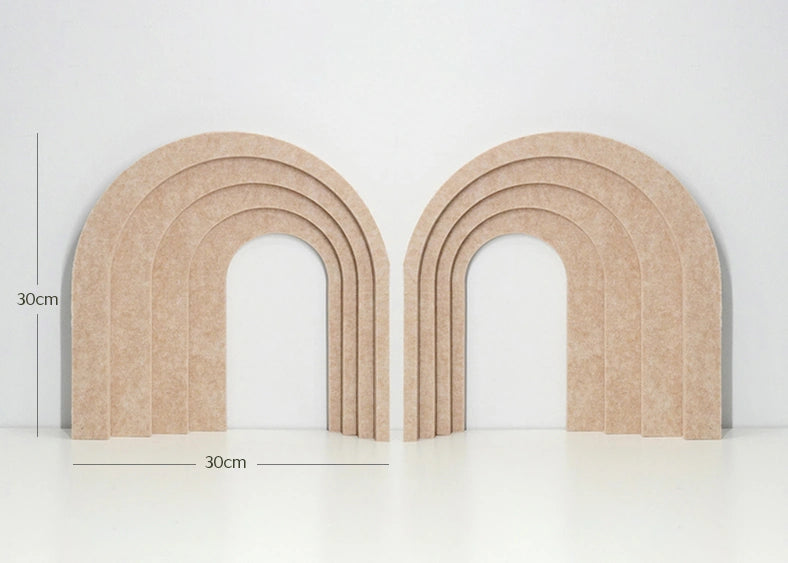 Two beige arched decorative panels with concentric arch shapes, shown on a white studio background with dimension lines indicating 30cm height and 30cm width.