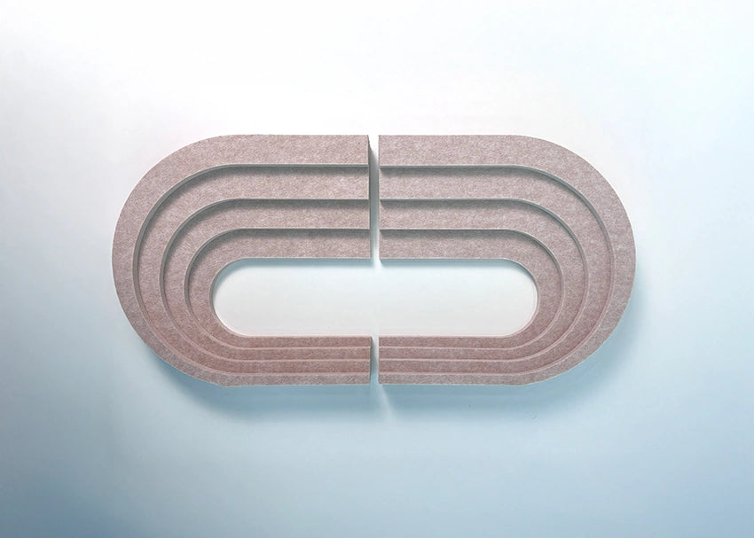 A minimalist, modern wall-mounted sculpture decorative object made of layered, concentric arches in a textured, beige felt material, set against a clean, light blue gradient background.