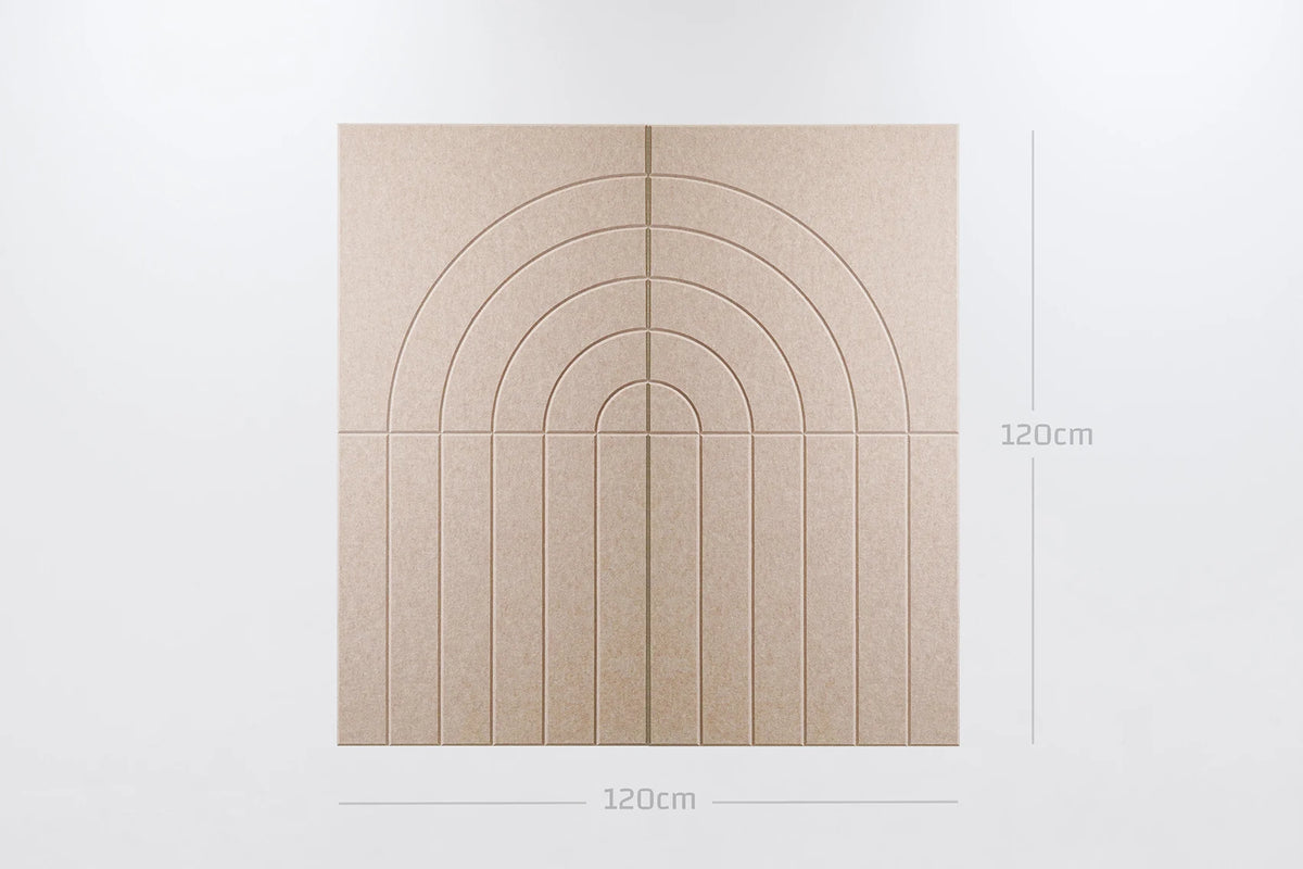 A square beige textured wall panel with an embossed arched and vertical line pattern, shown on a light gray background with dimension markers indicating 120cm by 120cm.