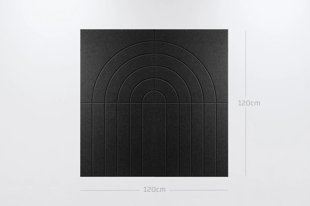 A single square black wall panel with a raised arched geometric pattern, shown on a light gray background with dimension markers indicating 120cm by 120cm.