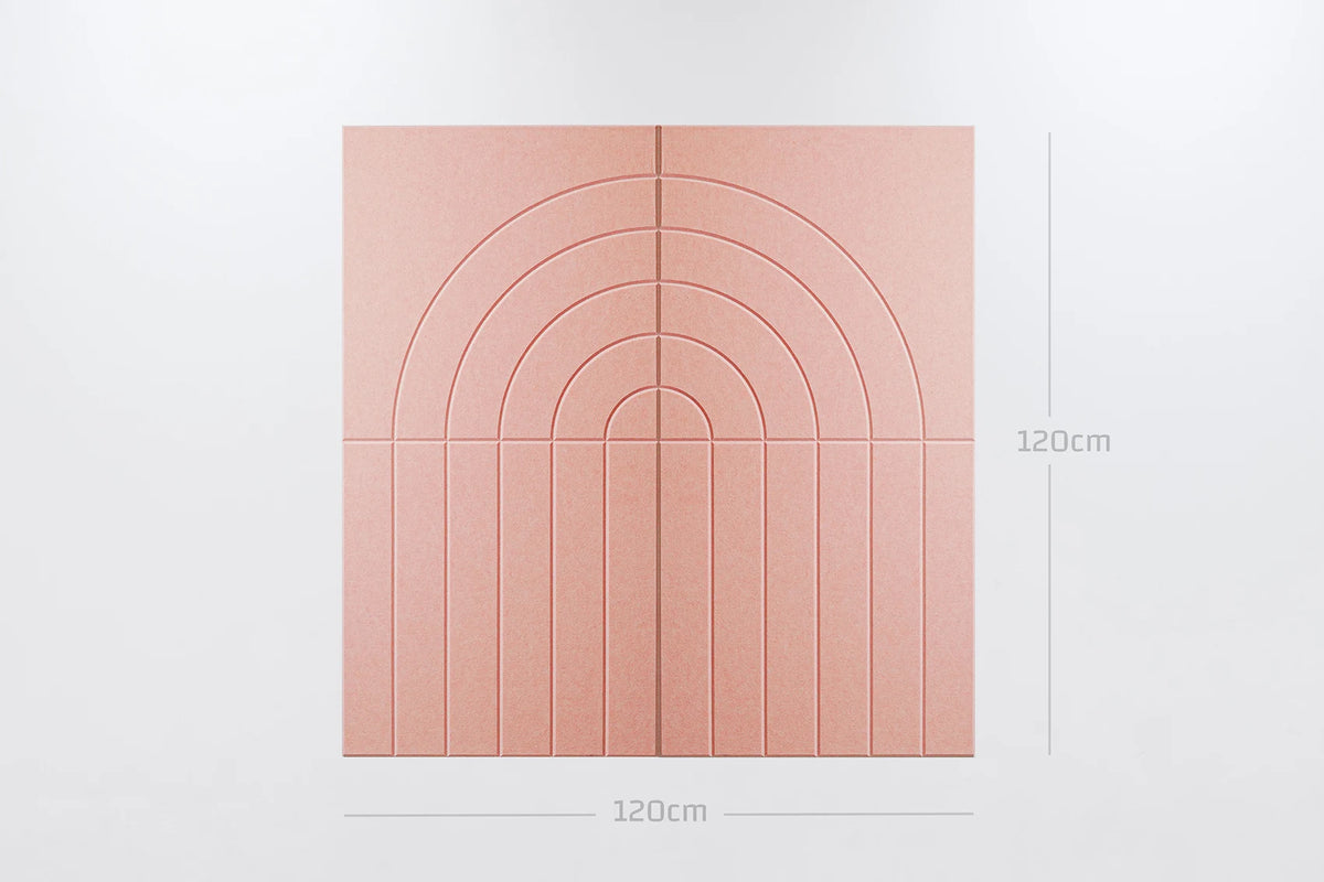A square terracotta-colored wall tile with a raised arched pattern, shown with dimension lines indicating a width and height of 120cm on a light gray background.