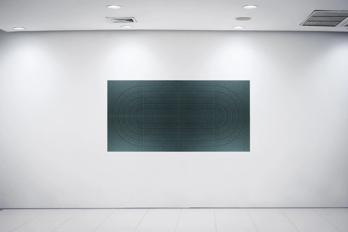 A large rectangular abstract wall art piece with concentric oval grid lines in dark green and black tones, displayed on a minimalist white gallery wall under recessed lighting.
