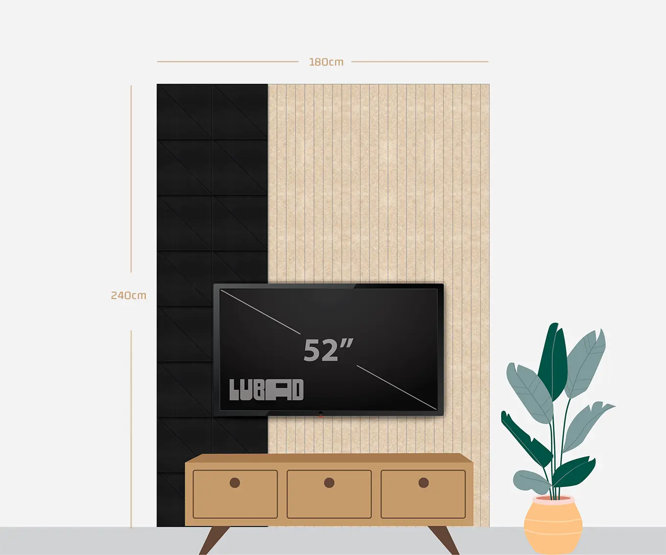 A styled interior scene showing a wall-mounted 52" TV on a black-and-beige textured wall above a wooden console, with dimension labels indicating 180cm width and 240cm height.