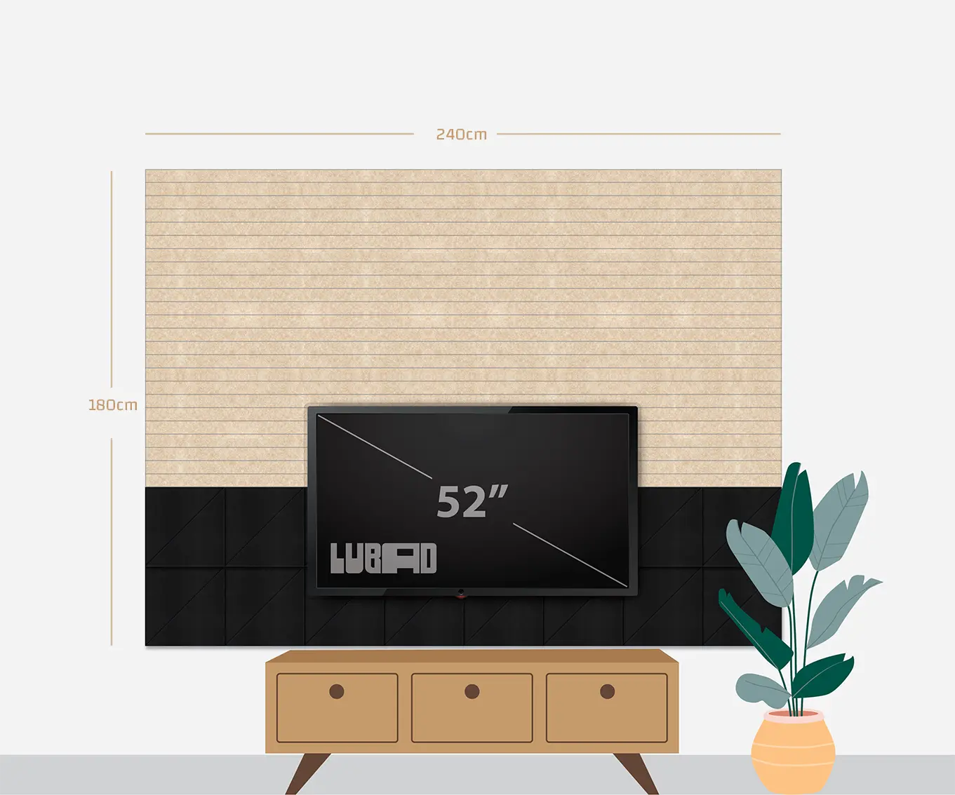 A staged interior-style graphic showing a wall-mounted TV setup with dimension labels: the wall panel is 240 cm wide and 180 cm tall, and the TV screen reads 52 inches. A beige textured wall section, a black lower panel, a tan media console, and a potted plant are also shown on a light gray background.