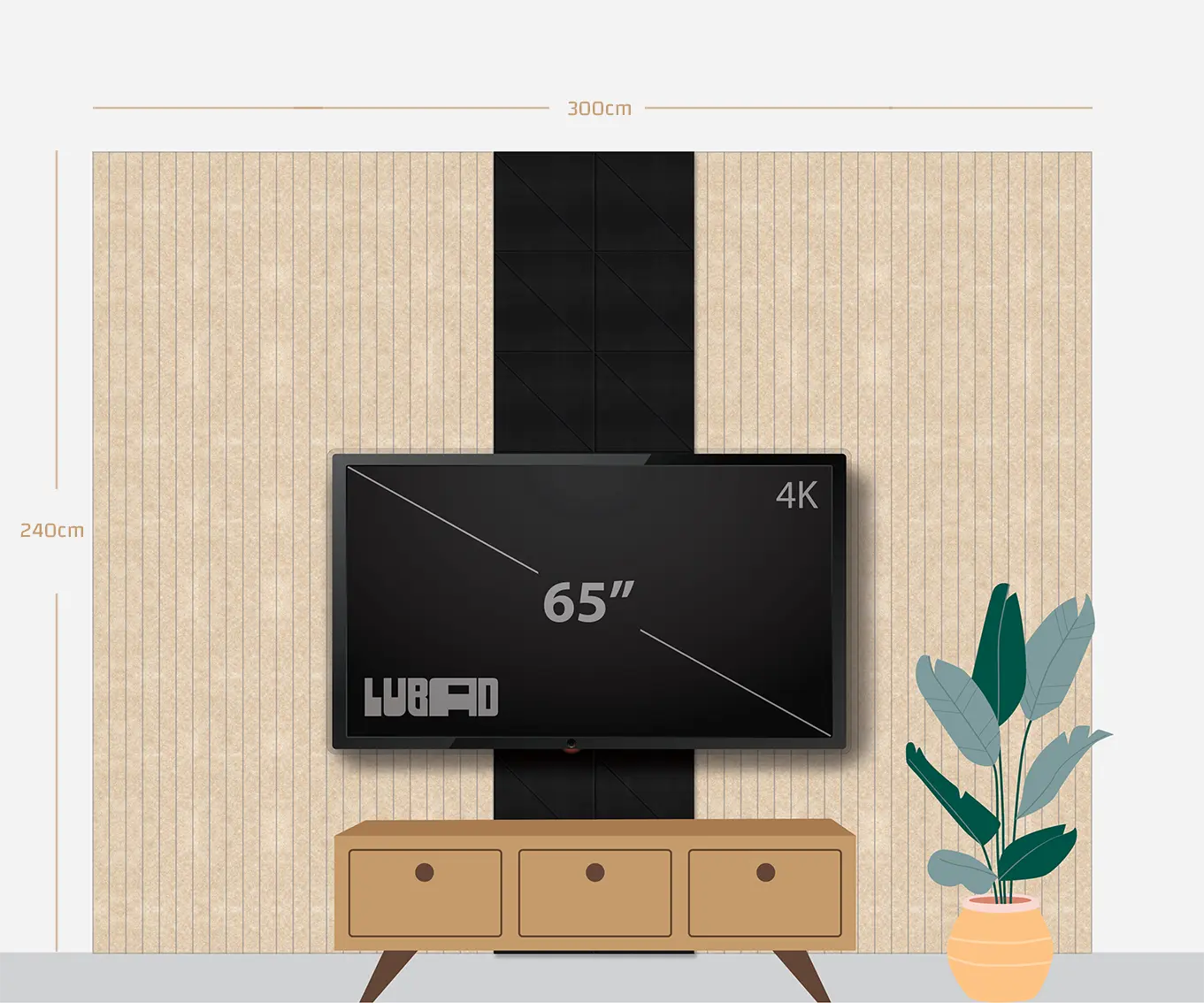 A staged interior scene showing a wall-mounted TV setup with dimension labels: a 65-inch wall-mounted screen centered on a beige textured wall with a black vertical stripe, above a tan media console, and a potted plant to the right. The TV screen displays the brand name LUBAD and the size 4K.