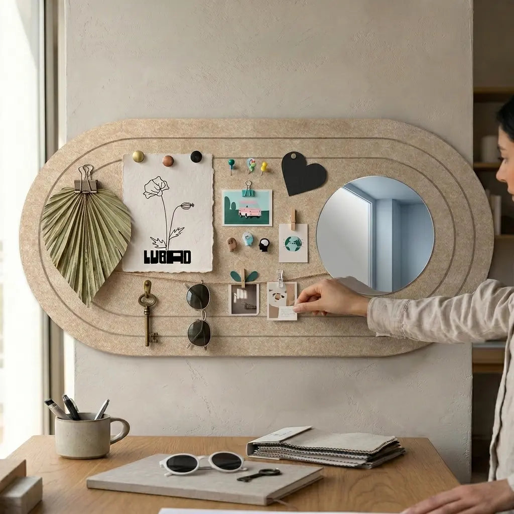 Person interacting with a decorative wall panel with various items on a desk.