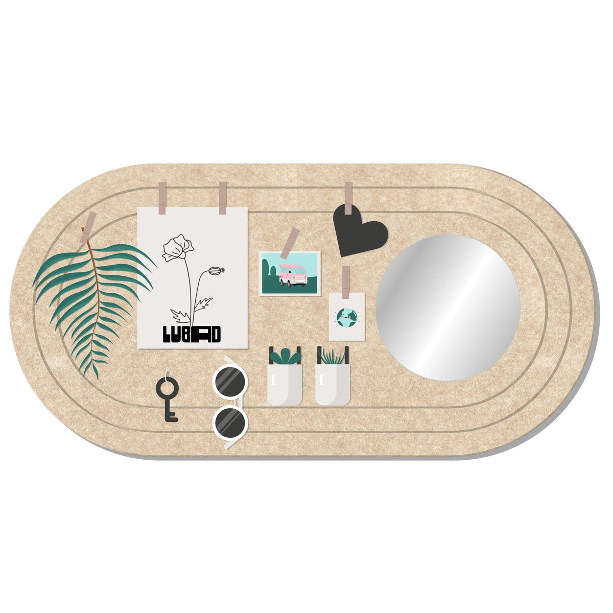 An oval felt board-style wall mirror with a natural beige wood frame, featuring a round mirror, hanging clips, and decorative mock photos and accessories on a white background.