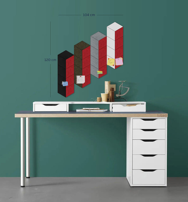 A bulletin board with white columns labeled 'Ideas', 'Tasks', and 'Notes', mounted on a green wall above a white desk with drawers. The board has various items written on it, and it is positioned against a wall with metal legs.