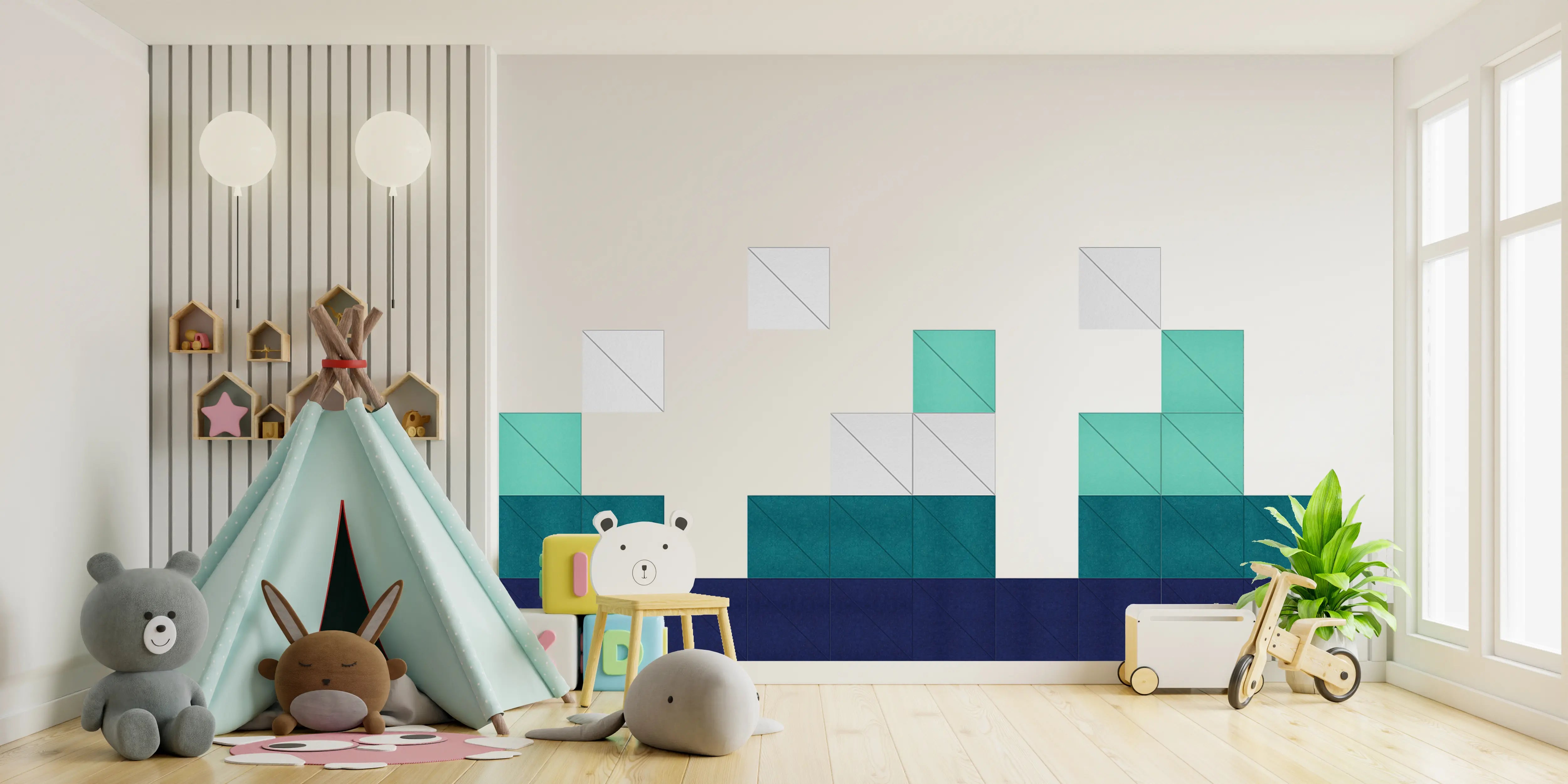 A children's playroom featuring a large wall mural with a geometric, pixel-art style landscape in shades of teal, blue, and white. The room is styled with a mint green teepee tent, plush toys, a small wooden bicycle, and a potted plant.