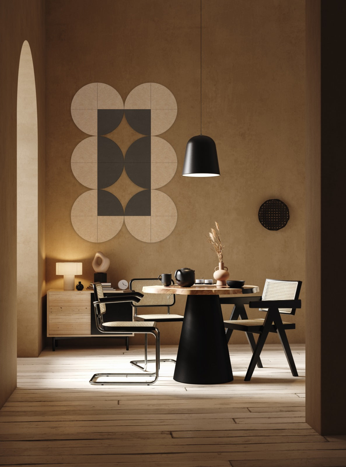 Modern geometric shaped ceiling light fixture in a brown room with black and white abstract design, surrounded by furniture.