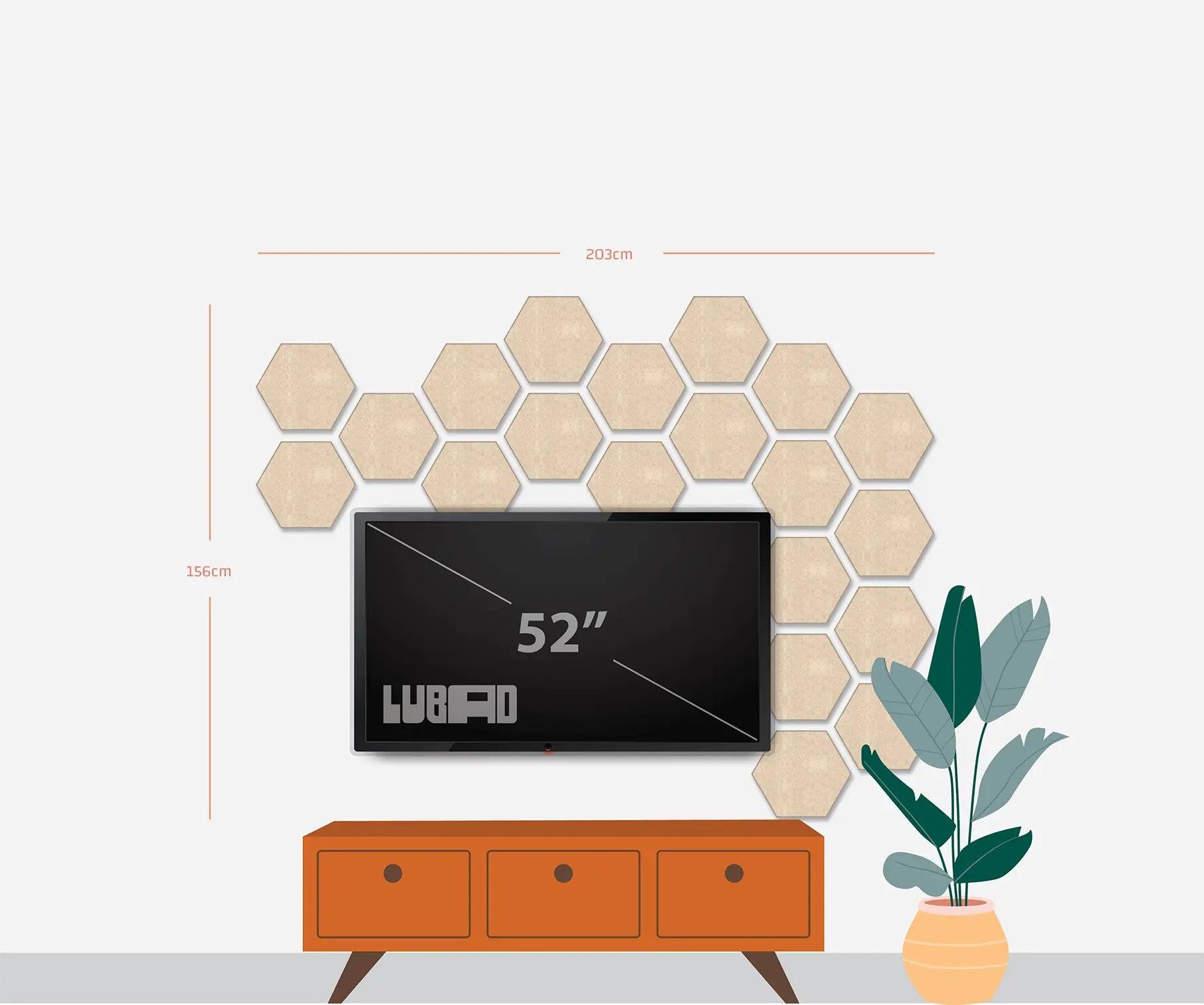 A styled interior scene showing a wall-mounted hexagonal tile accent wall behind a black 52-inch TV, with a wooden media console below and a potted plant to the right. Thin dimension lines and labels indicate wall measurements of 2030 mm width and 1560 mm height.